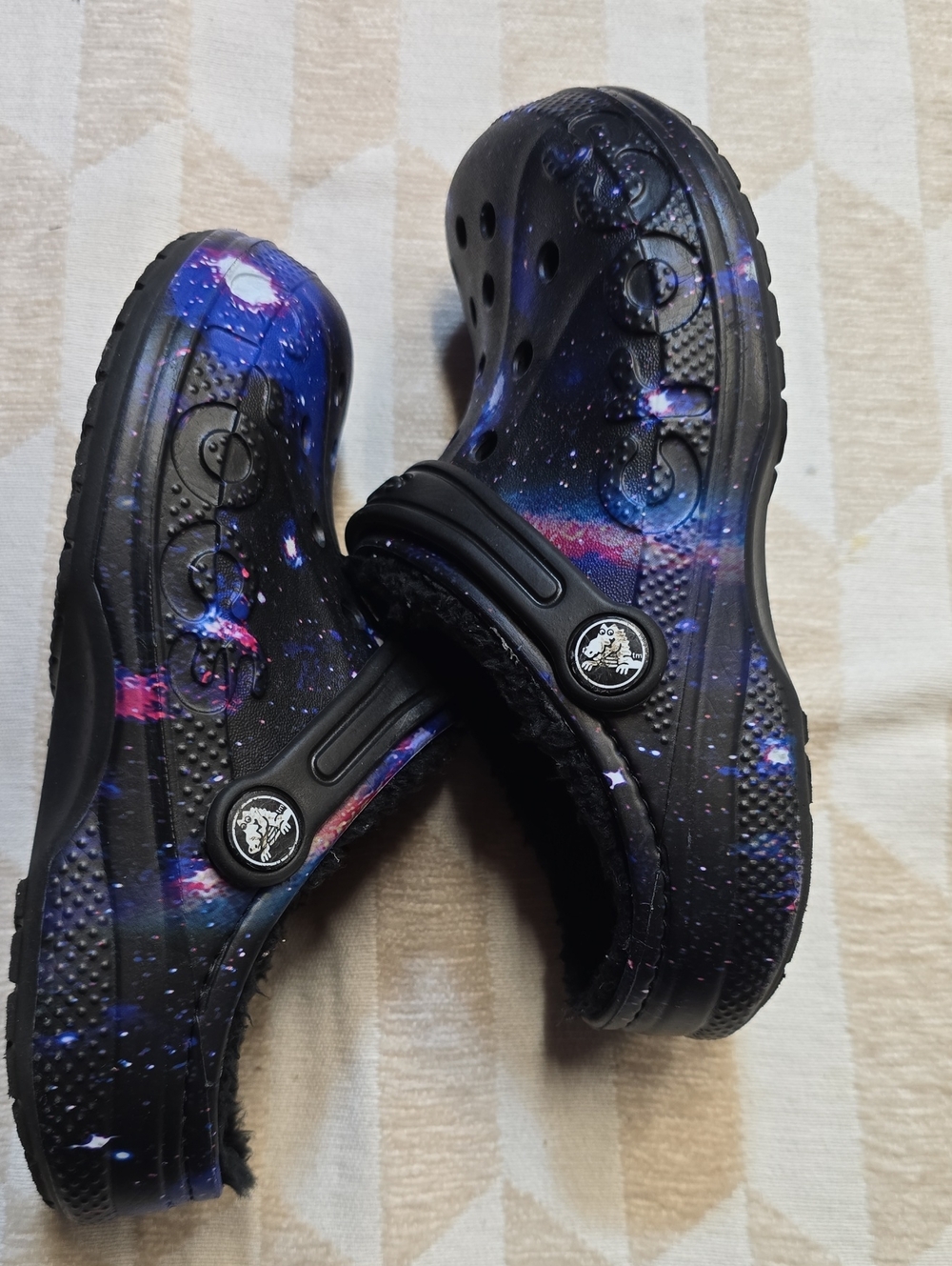 CROCS Kids Galaxy Fuzz-Lined Clogs in Black, Purple, Blue